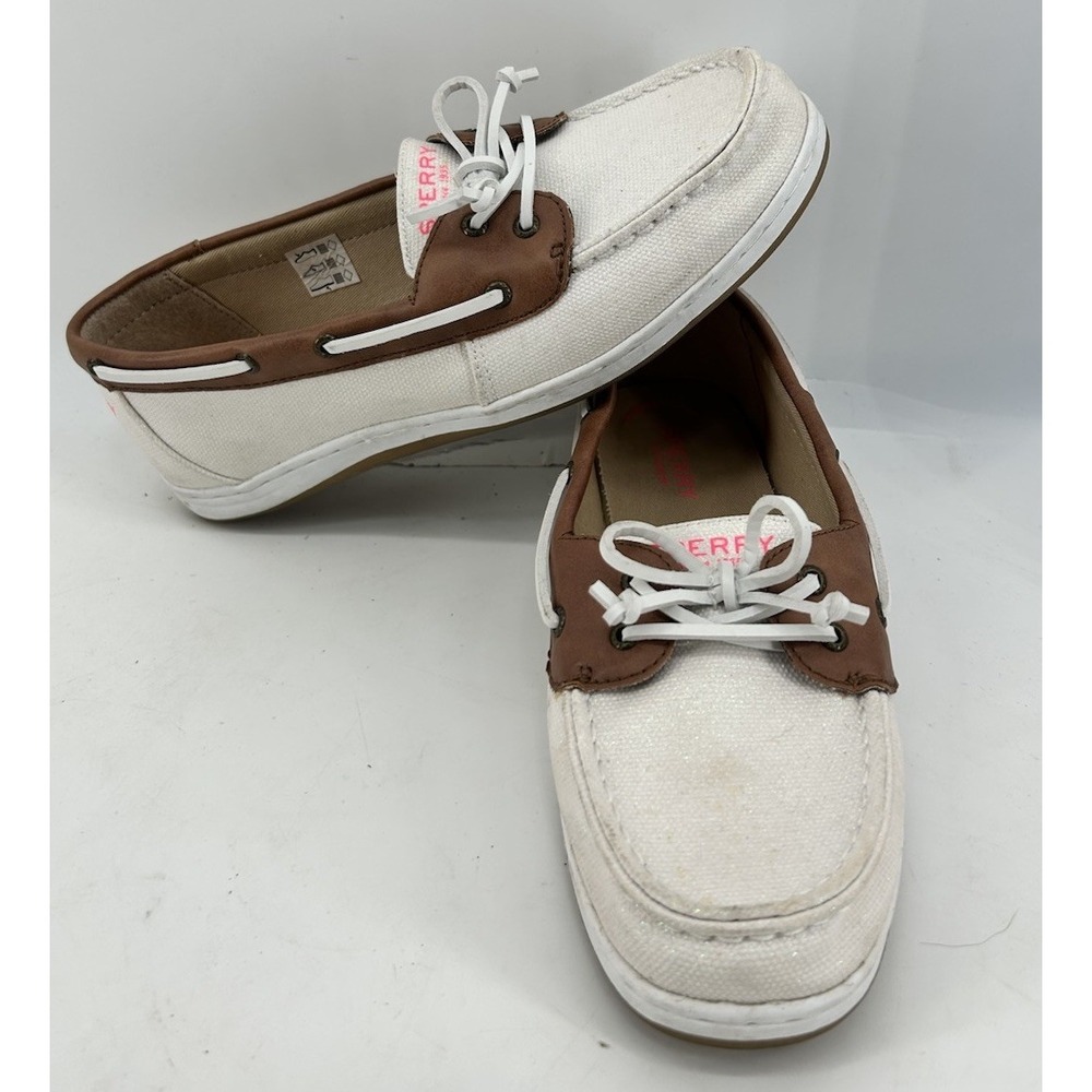 Sperry Topsider Firefish Cream Canvas Boat Shoes With Tan‎ Leather Women's 6M
